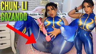 Sexy Cosplay Girl Dressed As Chun Li From Street Fighter Playing With Her Htachi Vibrator Cumming And Soaking Her Panties And Pants Ahegao